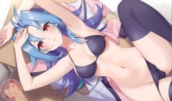 blue_hair blush female kamishiro_rio legwear red_eyes rio_kamishiro suzume_inui underwear yu-gi-oh! yu-gi-oh!_zexal