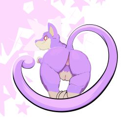 absurd_res anus ass big_butt female feral generation_1_pokemon genitals hi_res jaylus_t_meowstic long_tail looking_at_viewer nintendo pattern_background pokemon pokemon_(species) presenting presenting_hindquarters purple_body pussy rattata red_eyes simple_background solo star-shaped_background thick_thighs video_games