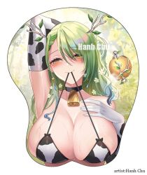 apple artist_name beauty_mark bedroom_eyes bell_collar bikini bikini_top biting_clothes blush boob_mousepad ceres_fauna cow_print cow_print_bikini cowbell cowkini flowers_in_hair green_hair hand_on_breast hololive hololive_english hololive_english_-council- hololive_english_-promise- horns large_breasts long_gloves mousepad mousepad_design nature_background virtual_youtuber watermark white_background yellow_eyes