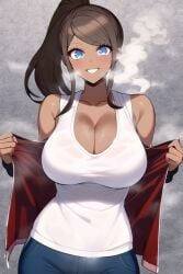 1girls ai_generated asahina_aoi blue_eyes blush brown_hair cleavage danganronpa danganronpa:_trigger_happy_havoc danganronpa_1 dark_skin large_breasts looking_at_viewer nai_diffusion ponytail red_jacket shorts smile stable_diffusion steam sweat tan tank_top track_jacket white_shirt