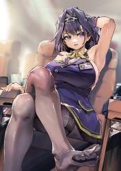 1girls armpits chair crossed_legs feet female flight_attendant hololive hololive_english hololive_english_-council- hololive_english_-promise- id_card one_arm_up open_mouth ouro_kronii sideboob sitting solo_female tights virtual_youtuber vyragami