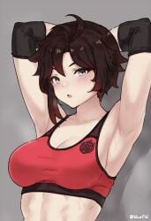 1girls 2d abs armpits arms_behind_head big_breasts bluefield breasts busty cleavage female female_only large_breasts light-skinned_female light_skin muscles muscular muscular_female pale-skinned_female pale_skin ruby_rose rwby sensual sexy_armpits silver_eyes simple_background solo solo_female toned toned_female watermark