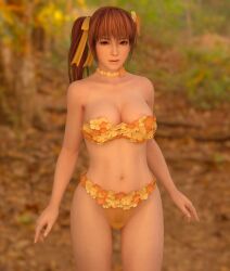 1girls 3d 3d_(artwork) autumn bikini breasts brown_eyes brown_hair choker dead_or_alive dead_or_alive_5 female female_focus female_only flower flower_hair_ornament flower_in_hair kasumi_(doa) large_breasts looking_at_viewer matching_hair/eyes navel pubes pubic_hair radianteld see-through_panties side_ponytail solo standing swimsuit tecmo