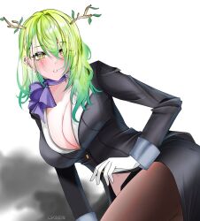 beauty_mark blush boob_window ceres_fauna clothed flight_attendant fully_clothed gloves green_hair hololive hololive_english hololive_english_-council- hololive_english_-promise- horns on_side simple_background virtual_youtuber white_background yellow_eyes