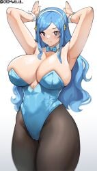 +_+ 1girls 2022 :3 armpits artist_name asuna_(blue_archive)_(cosplay) bangs bare_arms black_pantyhose blue_archive blue_bow blue_bowtie blue_eyes blue_hair blue_leotard bow bowtie breasts bunny_pose cameltoe cleavage closed_mouth collarbone cromwellb detached_collar dot_nose gigantic_breasts hair_ornament hands_up highleg highleg_leotard highres himouto!_umaru-chan leotard long_hair looking_at_viewer pantyhose parted_bangs playboy_bunny shadow shiny_breasts simple_background solo split_mouth strapless strapless_leotard symbol-shaped_pupils tachibana_sylphynford thick_thighs thighs white_background wrist_cuffs yellow_pupils