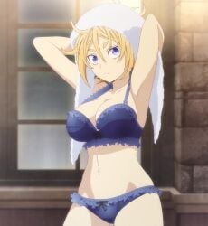 1girls armpits arms_behind_head big_breasts blonde_hair blue_bra blue_eyes blue_panties busty chris_westland cleavage female female_only hi_res large_breasts legs looking_at_viewer navel panties screencap short_hair solo stitched thighs towel underwear vermeil_in_gold voluptuous