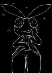 anthro black_and_white black_background black_body black_skin blush blush_lines breasts clothed clothing clothing_lift dress dress_lift ears_up female genitals hand_on_face lagomorph legwear leporid looking_at_viewer looking_down mammal monochrome open_mouth pattern_clothing presenting presenting_pussy pussy rabbit simple_background small_breasts smile smiling_at_viewer solo striped_clothing stripes thigh_highs unknown_artist vib-ribbon vibri