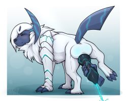 5:4 absol animal_genitalia animal_penis balls blue_cum blush bodily_fluids canine_penis closed_eyes clyde_wolf colored_cum cum digital_media_(artwork) erection feral fur generation_3_pokemon genital_fluids genitals glowing glowing_balls glowing_cum glowing_genitalia glowing_penis horn male mammal neon_lights nintendo nude penis pokemon pokemon_(species) robotic_arm simple_background solo styx_(blue-wolfy) unusual_bodily_fluids unusual_cum unusual_genital_fluids video_games white_body white_fur