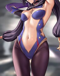 armpits black_choker black_hair breasts choker closed_mouth edchi elbow_gloves female female female_only genshin_impact highres jewelry legs long_hair medium_breasts mona_(genshin_impact) navel pantyhose solo standing stomach thighs twintails