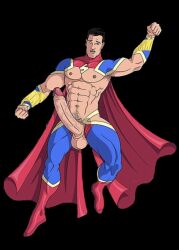 1male abs alexander_gay_art big_penis black_background cape class_comics erect_nipples erect_penis male male_focus male_only super_hung superhero