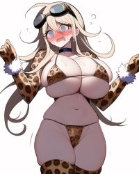 1girls ahoge ai_generated armwear bikini blonde_hair blue_eyes blush blush_lines blushing breasts choker danganronpa danganronpa_s:_ultimate_summer_camp danganronpa_v3 embarrassed embarrassed_female female female_only goggles goggles_on_forehead goggles_on_head hair hourglass_figure huge_breasts iruma_miu large_breasts leopard_print leopard_print_bikini leopard_print_bra light-skinned_female light_skin long_hair nai_diffusion navel new_danganronpa_v3 simple_background skimpy_bikini skindentation sleeves solo stable_diffusion sweat sweaty_body sweaty_breasts sweaty_face thighhighs white_background