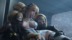 3d android android_girl blender blonde_hair blue_eyes breasts female harem lying_on_person multiple_girls nier nier:_automata nier_(series) open_clothes operator_21o operator_6o robot sixplusone spaceship thighhighs veil yorha_commander yuri