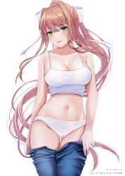 1girls blep brown_hair doki_doki_literature_club female green_eyes looking_at_viewer mitarou_sk monika_(doki_doki_literature_club) panties pants pants_down solo undressing white_background white_bra white_panties