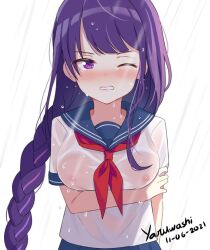 blue_skirt blush braid breasts female genshin_impact hair_between_eyes long_hair medium_breasts mole mole_under_eye neckerchief nipples one_eye_closed purple_eyes purple_hair raiden_shogun red_neckerchief school_uniform schoolgirl serafuku shirt single_braid skirt teenage_girl teenager teeth wet wet_clothes wet_shirt white_background white_shirt yaruwashi