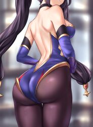 ass bare_back bare_shoulders black_choker black_hair breasts choker closed_mouth edchi elbow_gloves female female female_only genshin_impact highres leotard long_hair medium_breasts mona_(genshin_impact) pantyhose solo standing thighs twintails