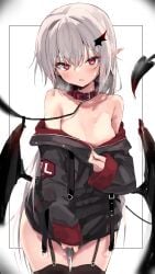 absurdres bare_shoulders black_jacket black_thighhighs black_wings blush breasts cleavage collar collarbone demon_girl demon_tail demon_wings female garter_straps grey_hair hair_between_eyes hair_ornament highres jacket leash long_sleeves looking_at_viewer medium_breasts original pointy_ears pussy_juice red_collar red_eyes short_hair solo succubus sweatdrop tail thighhighs thighs toshizou_(0714) wings zipper