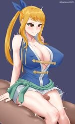 1boy 1girls big_breasts blonde_hair cfnm clothed_female_nude_male dark-skinned_male dark_skin deepspace fairy_tail huge_breasts interracial light-skinned_female light_skin lucy_heartfilia male penis reverse_cowgirl_position thick_thighs thigh_sex