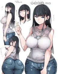 1girls ass ass bangs bare_shoulders bareteru!_cocktail_night big_ass big_butt black_hair blue_eyes breasts collarbone denim female_focus female_only grey_sweater id_card jeans kako_mirai lanyard large_breasts long_hair looking_at_viewer looking_back mole mole_on_cheek pants pantylines ribbed_sweater sidelocks simple_background sleeveless smile solo sweater takayama_toshinori tight tight_pants white_background