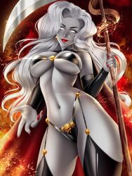 1girls artist_request big_breasts bulging_breasts chaos_comics coffin_comics erect_nipples lady_death latex_gloves latex_thighhighs latex_thong long_hair looking_at_viewer nipple_bulge queen_of_the_dead red_lipstick scythe tagme white_body white_hair white_skin