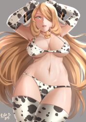 1girls big_breasts bikini bikini_bottom bikini_top black_eyes blonde_hair breasts cleavage cow_ears cow_horns cow_print cow_print_armwear cow_print_bikini cow_print_thighhighs cowbell cynthia_(pokemon) female female_only game_freak hair hair_ornament hair_over_one_eye headwear huge_breasts lips long_hair mature mature_female mature_woman neckwear pokemon pokemon_dppt rinku_bny solo solo_female swimsuit swimwear thick_thighs thighhighs thighs