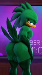 2021 3d_(artwork) accipitrid accipitriform anthro armwear ass avian backsack balls beak bedroom_eyes big_balls big_butt billynr bird blue_eyes bottom_heavy bubble_butt clothing detailed_background digital_media_(artwork) elbow_gloves feathers fingerless_gloves fingers genitals girly gloves green_body green_feathers green_hair hair hand_on_leg hand_on_own_thigh hand_on_thigh handwear hi_res huge_butt inside jet_the_hawk legwear looking_at_viewer looking_back male male_only mostly_nude narrowed_eyes nude seductive sega smile solo solo_male sonic_(series) sonic_riders sonic_the_hedgehog_(series) source_filmmaker tail_feathers thick_thighs thigh_highs wide_hips