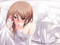 1boy 1girls all_fours asymmetrical_hair bangs bed_sheet blush breasts brown_eyes brown_hair censored cleavage collarbone dress elbow_gloves female game_cg gloved_handjob gloves hair_between_eyes handjob high_heels kawagishi_keitarou light-skinned_female light-skinned_male light_skin long_dress long_hair maji_de_watashi_ni_koi_shinasai! mosaic_censoring open_mouth oshitari_azumi penis shiny shiny_hair small_breasts straight strapless strapless_dress sweatdrop wedding_dress white_dress white_footwear white_gloves