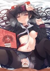 1boy 1girls azur_lane bar_censor bed black_hair blush bow breasts censored commentary_request dark-skinned_male dark_skin female hairbow heavy_breathing highres horns light-skinned_female light_skin long_hair looking_at_viewer madotsukumo medium_breasts oni oni_female oni_horns pantyhose penetration penis pov red_eyes sakawa_(azur_lane) sakura_empire_(azur_lane) saliva school_uniform sex smile solo vaginal_penetration x-ray