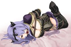 1girls armor arms_behind_back arms_tied_behind_back ball_gag bondage breasts camilla_(fire_emblem) cleavage corset femsub fire_emblem fire_emblem_fates gag gagged hair_over_one_eye high_heel_boots high_heels large_breasts laying_on_side legs_tied light-skinned_female long_hair lying lying_on_side nintendo pale-skinned_female purple_eyes purple_hair rope rope_bondage sharpffffff solo source_larger tiara watermark