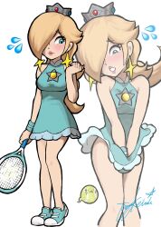 1girls 2d 2d_(artwork) big_breasts blonde_hair blue_eyes blush brooch cute dress dress_tug embarrassed female female_only hair_over_one_eye holding_skirt holding_skirt_down mario_(series) mario_tennis minidress miniskirt nintendo princess_rosalina shoulderless_dress sole_female solo_female sweat sweatband tennis_ball tennis_racket tennis_uniform yamino_ekakinin