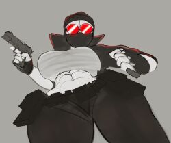 abs ammo_belt clothed fingerless_gloves goggles gun hank_j._wimbleton huge_breasts looking_at_viewer looking_down lower_body madness_combat muscular muscular_female pistol red_glasses rule_63 tainypie thick_thighs white_skin