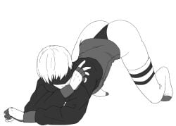 1boy ass big_ass blindfold clothing femboy jack-o_pose kirakanjo light-skinned_male light_skin male male_focus male_only monochrome nier nier:_automata short_hair solo solo_male thighhighs trap white_hair yorha_9s