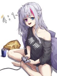 absurdres bag_of_chips bags_under_eyes barefoot black_shirt blue_eyes can clothes_writing controller crown enin feet female game_controller girls'_frontline girls'_frontline_neural_cloud highres kuro_(girls'_frontline_nc) long_hair looking_at_viewer mdr_(girls'_frontline) multicolored_eyes multicolored_hair no_legwear pillow pink_eyes pink_hair score shirt simple_background sitting strapless strapless_shirt sweat thighs white_background white_hair