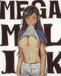 1girls 2022 areola_slip areolae big_breasts biting_shirt black_hair breasts female female_only flashing flashing_breasts light-skinned_female light_skin looking_at_viewer mega_milk meme mossa nipple_slip nipples no_bra shirt_lift solo tan_skin tanned_skin underboob