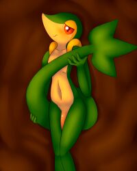 anthro blush embarrassed fluffolio generation_5_pokemon genitals hi_res holding_tail looking_at_viewer male male_only nintendo penis pokemon pokemon_(species) red_eyes snivy solo tree_stump video_games