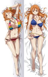 1girls big_breasts bikini blue_bikini dakimakura dakimakura_design earrings feet female female_only glasses hi_res kyabakurabakufu long_hair looking_at_viewer nami necklace one_piece one_piece_film_z orange_hair post-timeskip rainbow_bikini shiny_skin solo_female swimsuit tattoo teasing wink