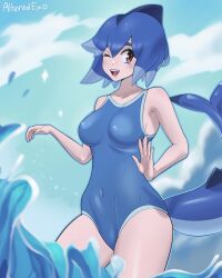 alteredexo azuumori big_breasts blue_hair light-skinned_female mako_(azuumori) pale-skinned_female shark shark_girl shark_humanoid shark_tail shark_teeth solo solo_female swimsuit swimwear