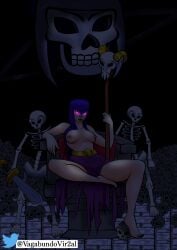 areolae breasts breasts_out clash_(series) clash_of_clans clash_royale dark_background glowing_eyes gold_belt loincloth nipples pale_skin pile_of_skulls purple_clothing purple_eyes purple_lipstick skeleton skeleton_(clash_of_clans) staff sword thighs throne topless topless_female vagabundovir2al_(art) veil witch_(clash_of_clans)