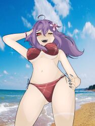 big_breasts manicure on_beach purple_hair red_eyes unknown_artist