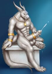 absurd_res agepan anthro bodily_fluids cum dragon dragon_male drakons genital_fluids genitals gold gold_(metal) hi_res male masturbation muscular nude penis petrification petrify sculpture solo solo_male statue