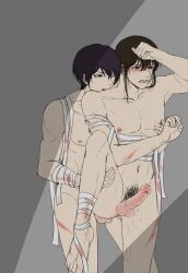 2boys anal anal_sex bandages bite bite_mark bite_marks biting black_hair blood cuts erection from_behind gay gintama gnook hickey_marks katsura_kotarou leg_lift long_hair_male male male_only male_pubic_hair nude penis scratches takasugi_shinsuke uncensored yaoi