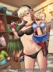 1girls bikini black_bikini black_swimsuit blonde_hair breasts brown_hair cape cleavage clothes_hanger corrin_(fire_emblem) corrin_(fire_emblem)_(female) corrin_(summer)_(fire_emblem)_(female) fire_emblem fire_emblem_cipher fire_emblem_fates frilled_bikini frills hairband i-la leaf_bikini leaf_skirt long_hair masks medium_breasts midriff mirror navel nintendo official_art pointy_ears props red_eyes shell shell_bikini side-tie_bikini side-tie_swimsuit smile solo standing stomach store swimsuit