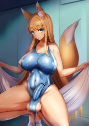 1futa 2022 animal_ears animal_humanoid ball_camel_toe balls big_breasts big_penis blue_eyes breasts bulge canid canid_humanoid canine canine_humanoid censored clothed clothing erection fox_girl fox_humanoid futa_only futanari genital_outline genitals gynomorph hi_res humanoid humanoid_genitalia humanoid_penis intersex kemonomimi light-skinned_futanari long_hair mammal mammal_humanoid mostly_clothed nipple_outline one-piece_swimsuit penis penis_outline solo squatting swimwear ubanis wet