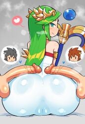 1girls 2boys ass balls big_ass big_butt blush cameltoe crap-man dark_pit dress eye_contact fat_ass female fully_clothed green_eyes green_hair hair_ornament huge_ass huge_butt kid_icarus light_skin long_hair looking_at_viewer looking_back musk_clouds nintendo palutena penis penis_on_ass pit_(kid_icarus) sitting spoken_heart testicles tight_clothing tight_dress uncensored wide_hips