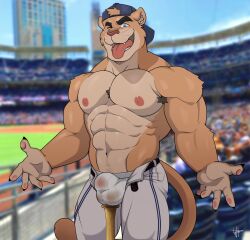 2022 abs anthro armpit_hair backwards_baseball_cap backwards_hat barazoku baseball_(sport) baseball_bat baseball_cap bat_(object) biceps big_bulge big_muscles blurred_background body_hair bottomwear bulge claws clothed clothing cougar detailed_bulge eyebrows felid feline fur group hat headgear headwear jockstrap looking_at_viewer male male_only mammal mascot meme mexican_pacific_league muscular muscular_anthro muscular_male navel nipples obliques one_eye_closed open_mouth open_smile outside pants pecs smile solo_focus sport stadium standing teeth tongue tongue_out topless topless_anthro topless_male tuft underwear unzipped wink wolfybuns yaco_puma yaco_puma_striptease yaquis_de_obregon