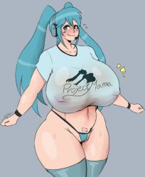 artist_signature blush embarrassed female hatsune_miku headset huge_breasts igdel large_breasts logo logo_on_topwear long_hair panties pubic_stubble shirt smile solo sweat thighhighs transparent_clothing venus_body vocaloid wide_hips