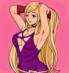 1girls armpits arms_behind_head artist_request big_breasts blonde_hair blue_eyes bonne_jenet breasts busty cleavage dress fatal_fury female female_only garou:_mark_of_the_wolves king_of_fighters king_of_fighters_xv large_breasts long_hair one_eye_closed pose posing rocckart smile snk solo wink