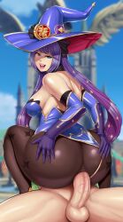 1boy 1girls abyssdagon anal anal_penetration anal_sex anal_through_clothes ass big_ass big_lips bodysuit clothed_sex clothing genshin_impact hat huge_ass huge_butt large_ass large_breasts lips looking_back mona_(genshin_impact) penetration_through_clothes sex_through_clothes squatting thick_lips through_clothes uncensored unseen_male_face