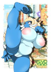 anthro big_breasts blue_body breasts female generation_5_pokemon genitals hi_res kick looking_up mellonsoda nintendo pokémon_(species) pokemon pokemon_(species) pussy samurott solo thick_thighs video_games