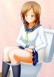 japanese_clothes panties_around_leg panties_down pink_panties pullpull15 sitting sitting_on_toilet tagme toilet toilet_use uniform