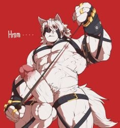 2022 absurd_res anthro balls canid canine canis dominatrix english_text fur genitals ggan_ggandi hi_res hmm looking_down male male_only mammal mihoyo penis red_background simple_background solo text video_games von_lycaon whip white_body white_fur wolf zenless_zone_zero